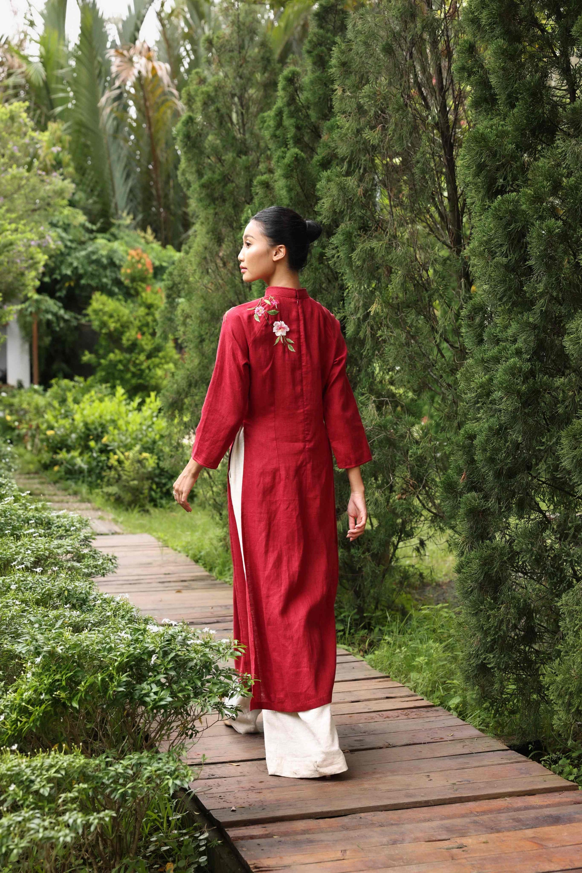 Red ao dai with floral embroidery