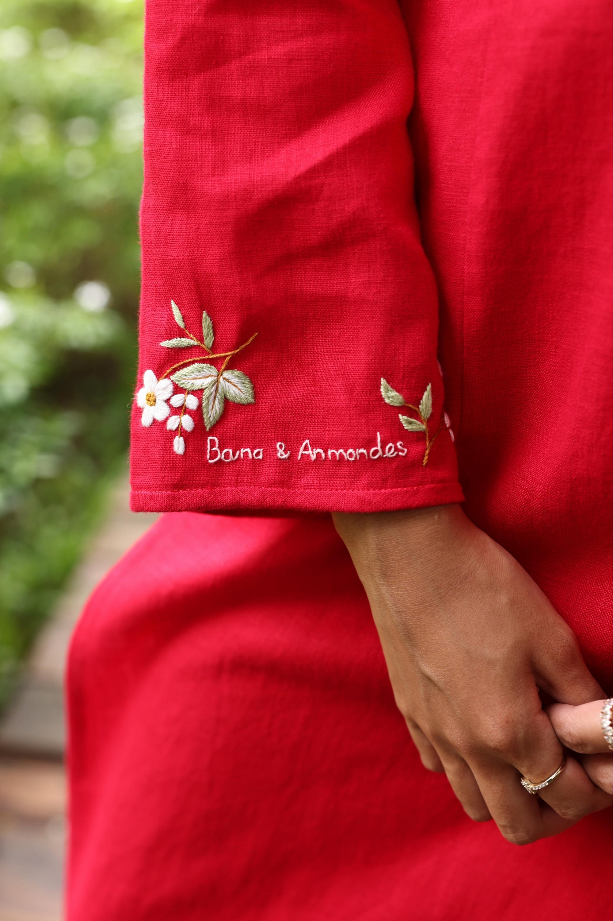 Red linen Vietnamese embroidered dress
