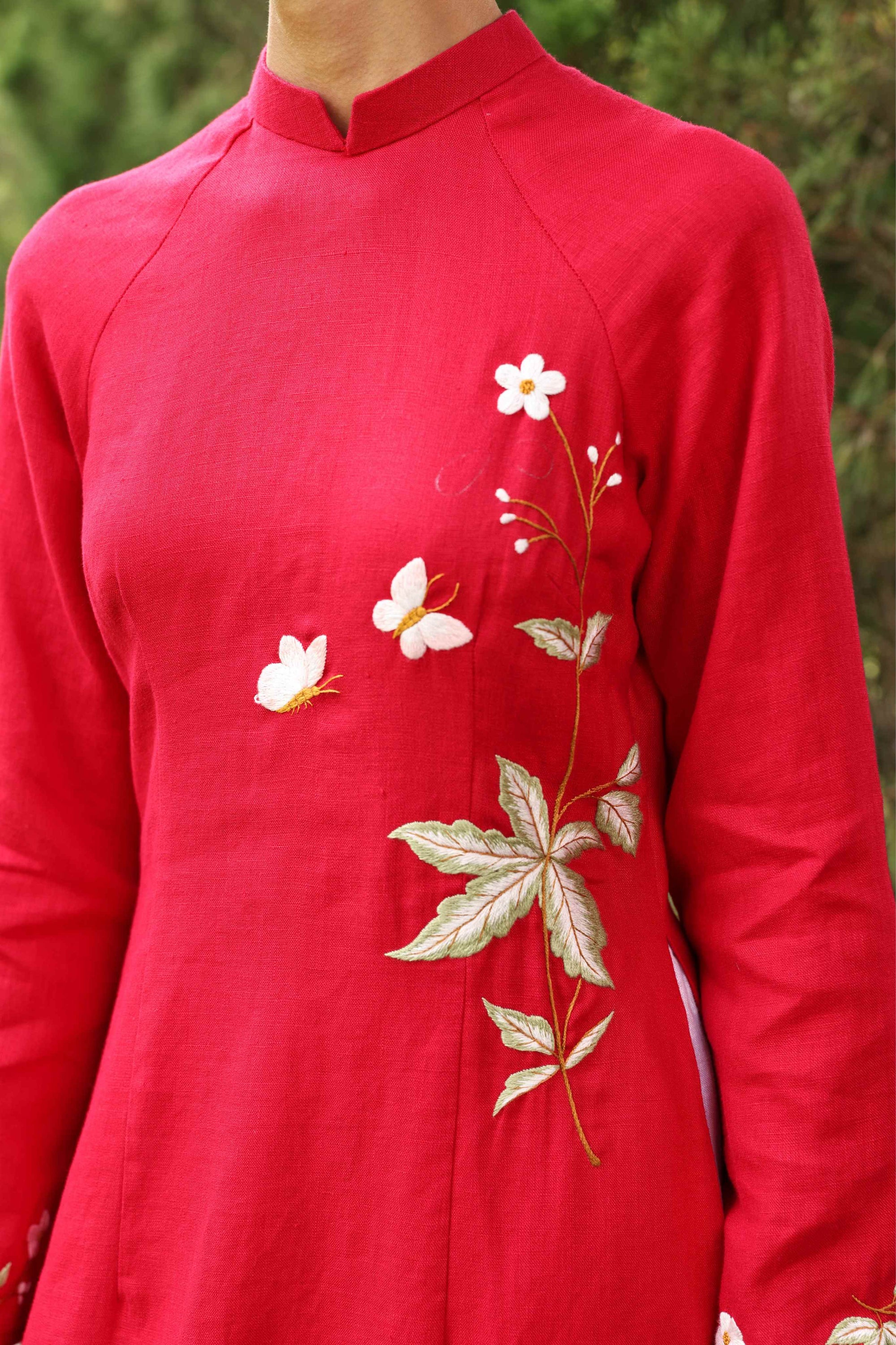 Red linen Vietnamese embroidered dress