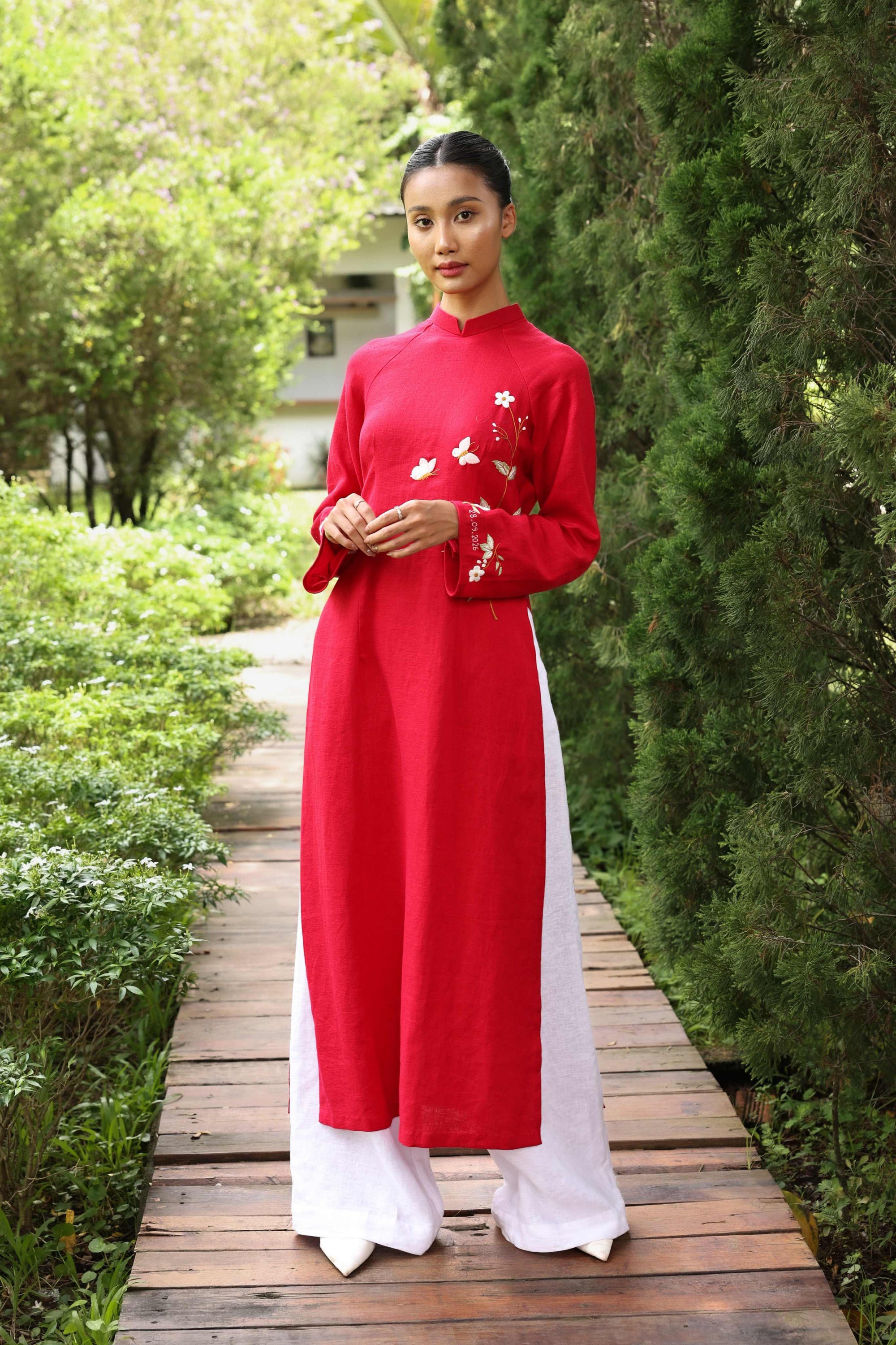 Red linen Vietnamese embroidered dress