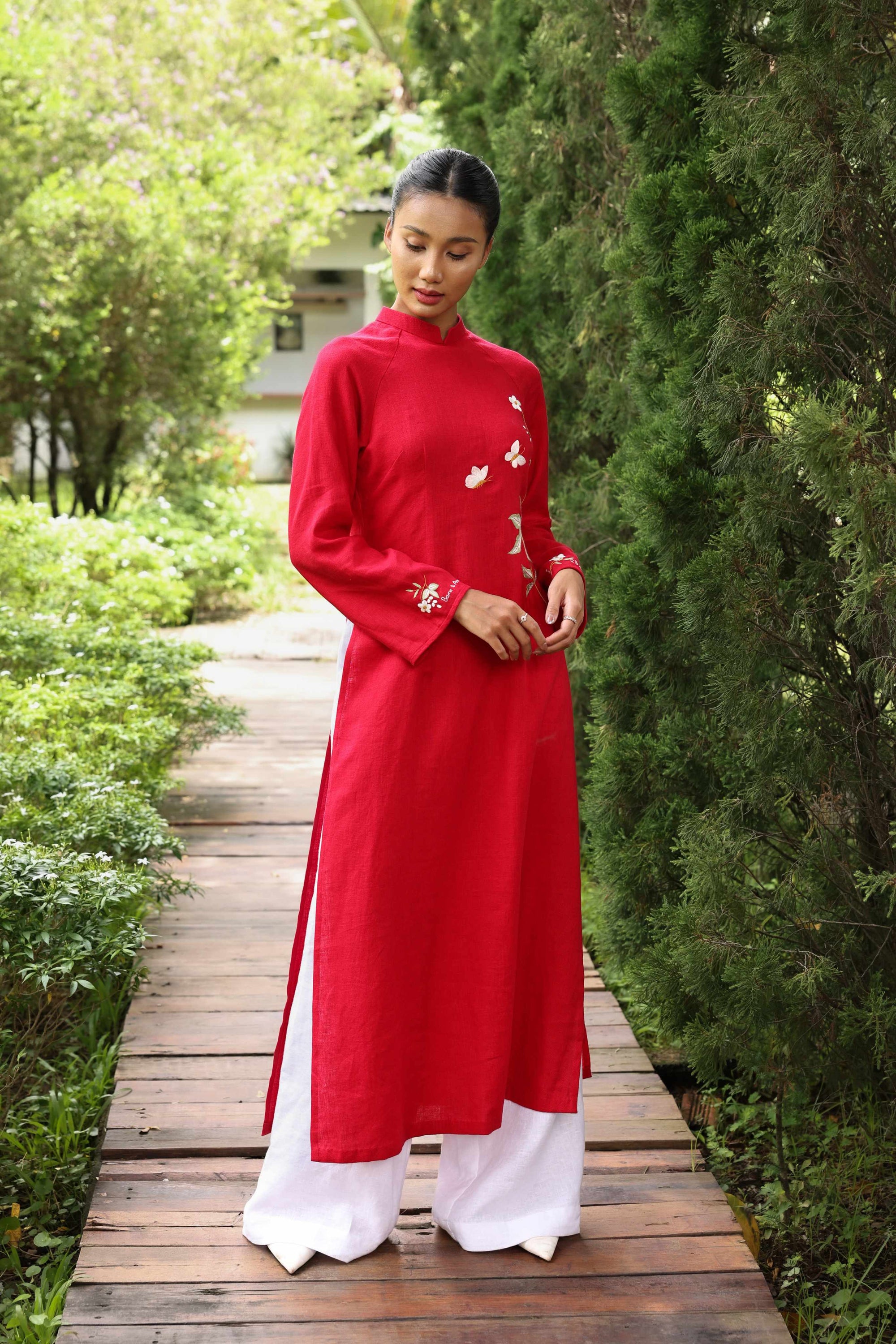Red linen Vietnamese embroidered dress