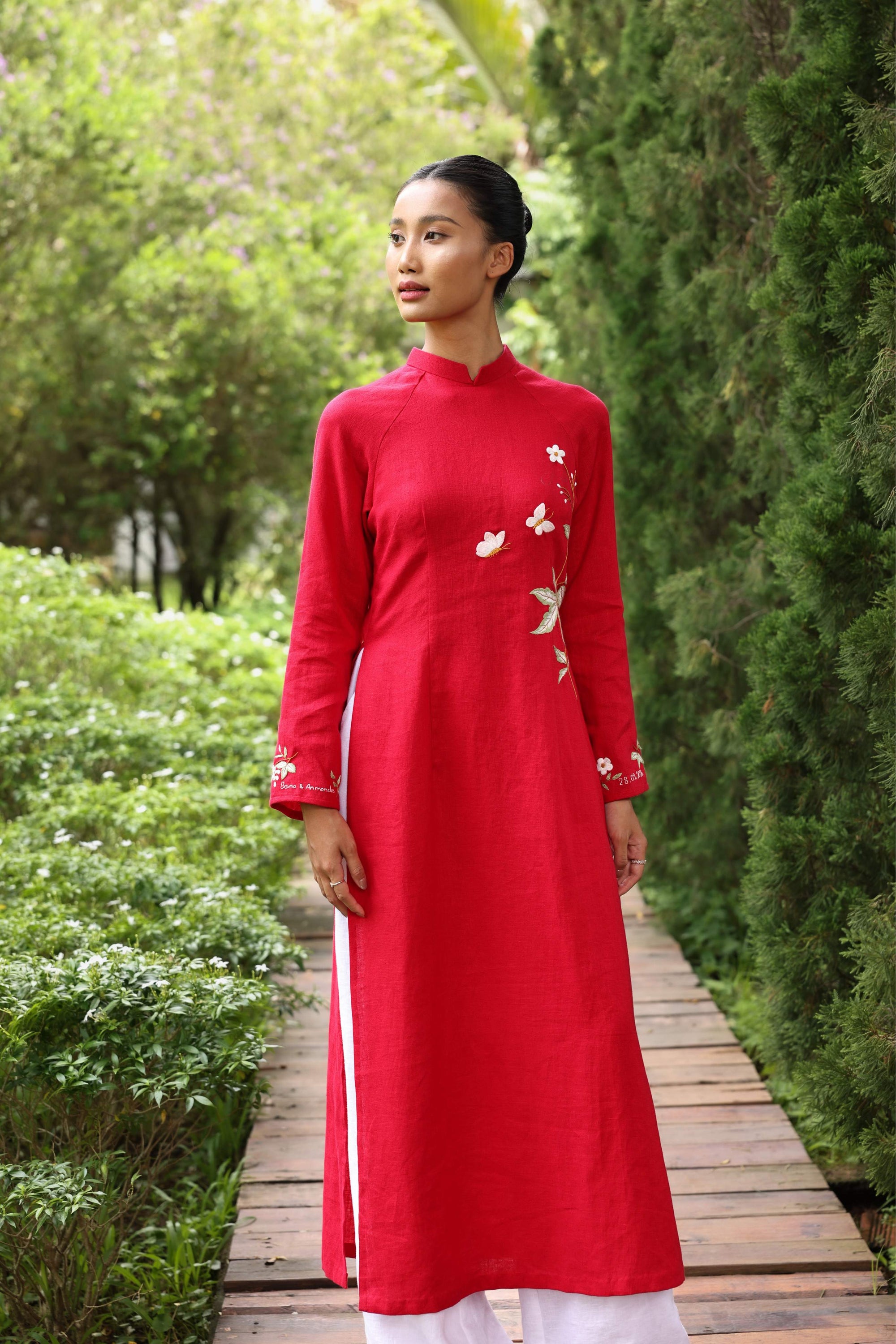 Red linen Vietnamese embroidered dress