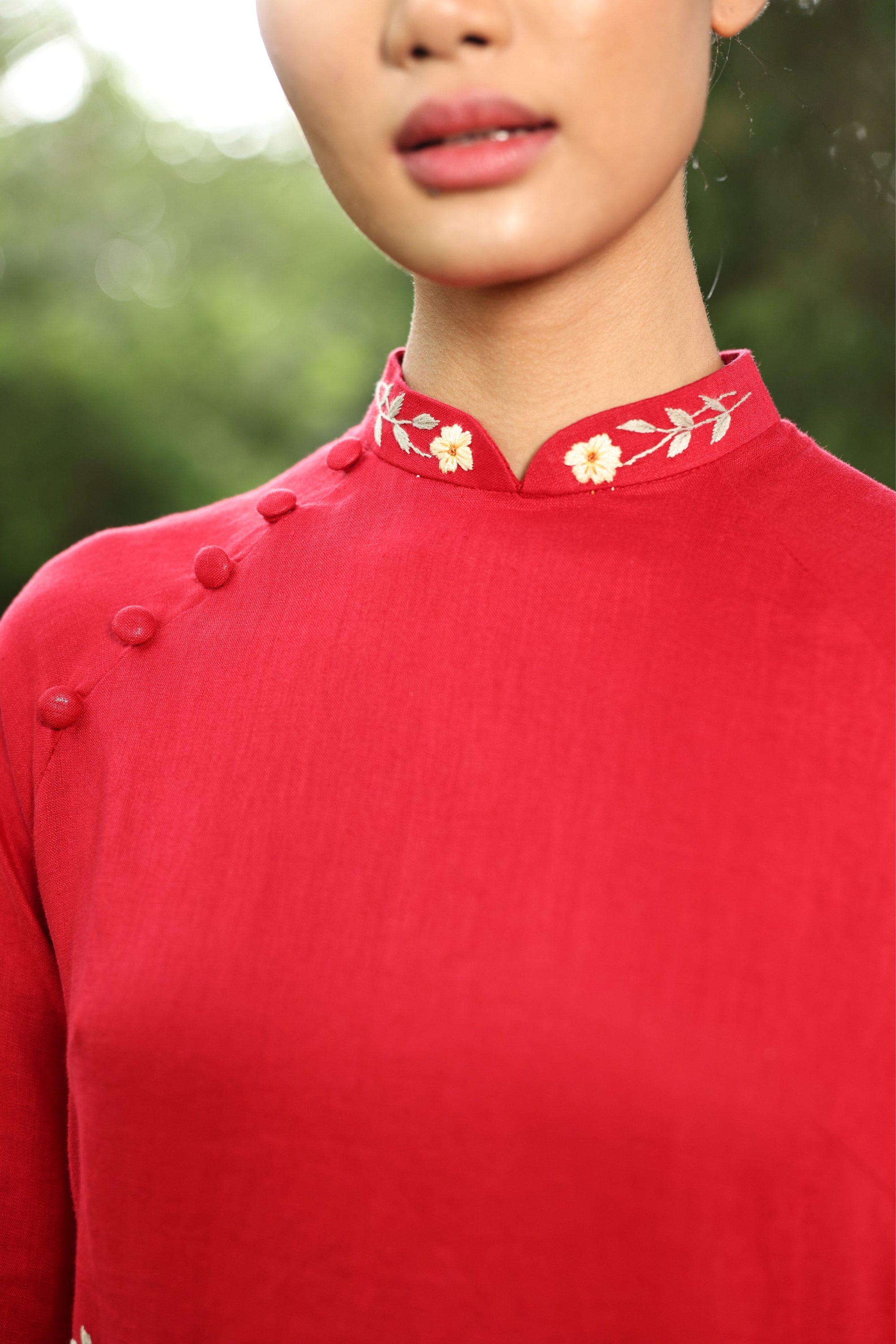 Red Vietnamese linen traditional dress 