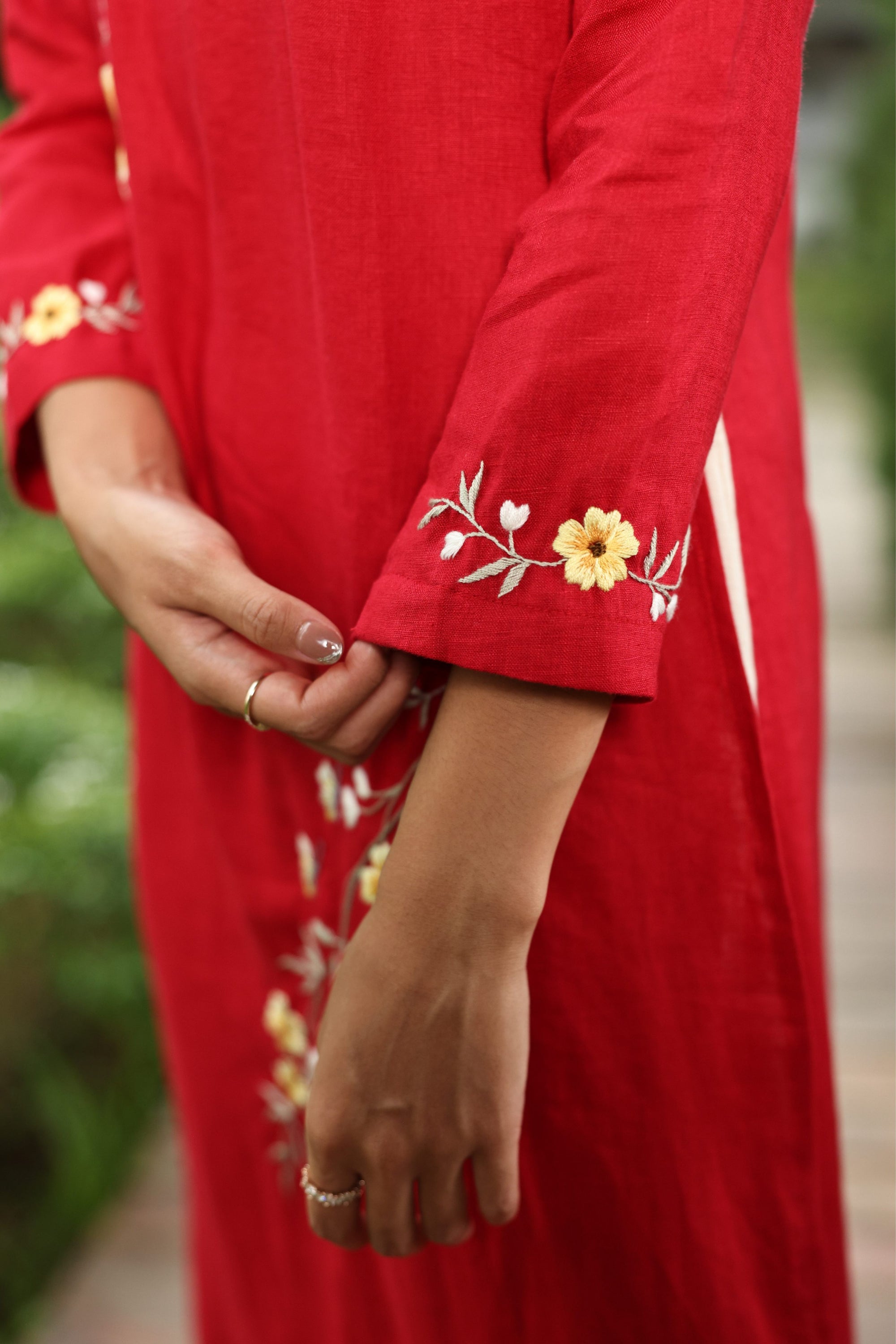 Red Vietnamese linen traditional dress 