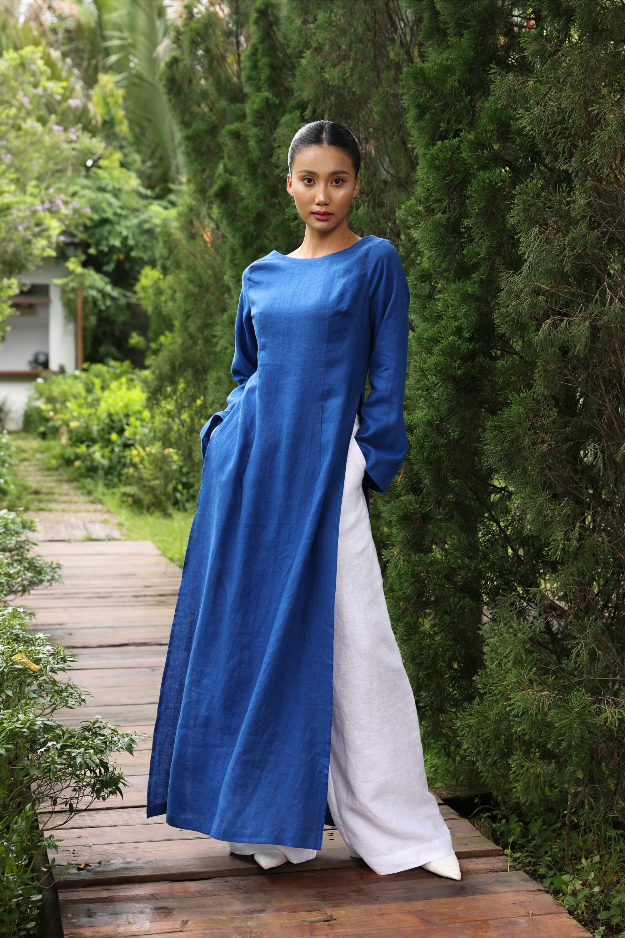 Vietnamese ao dai linen dress