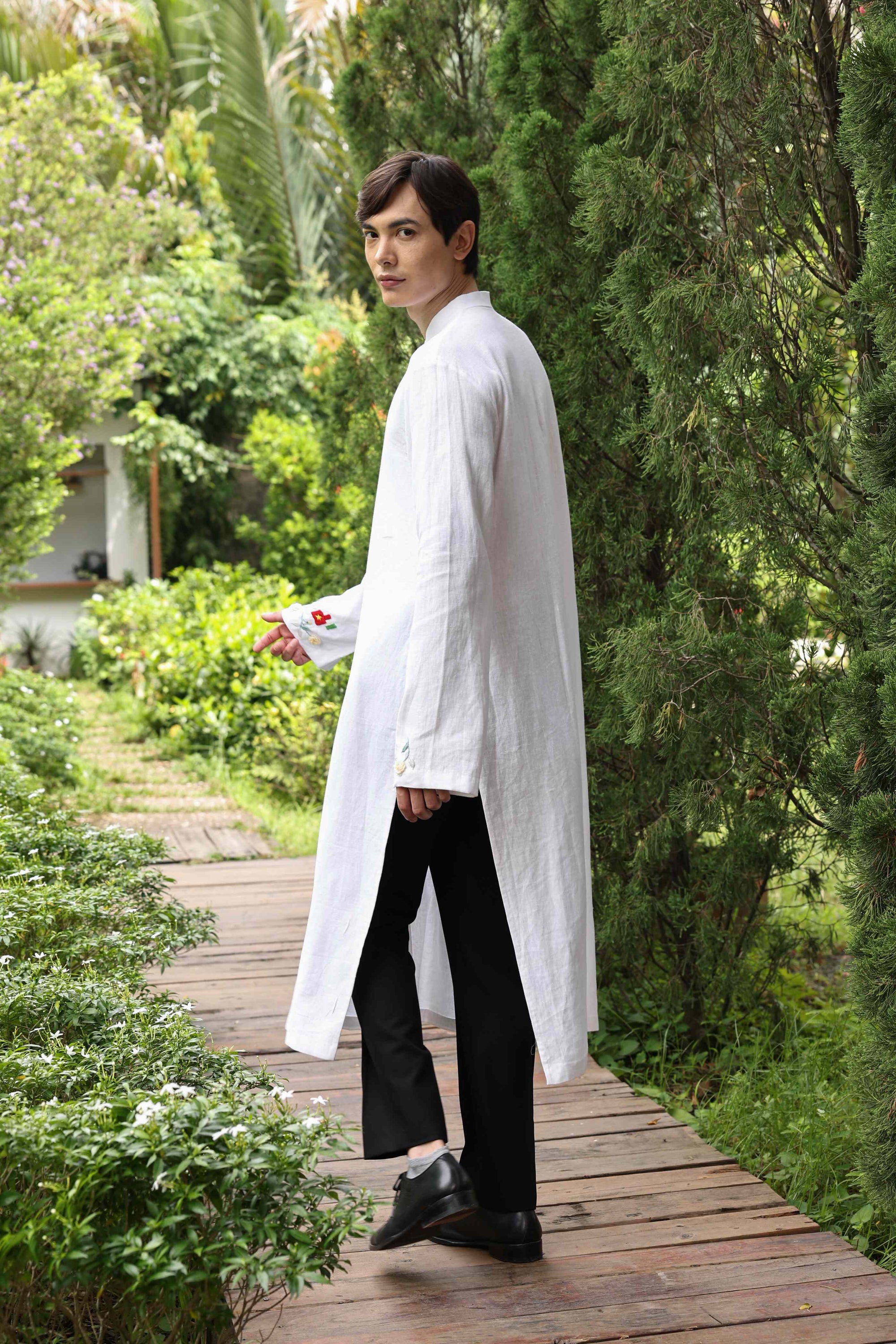 White linen ao dai for men